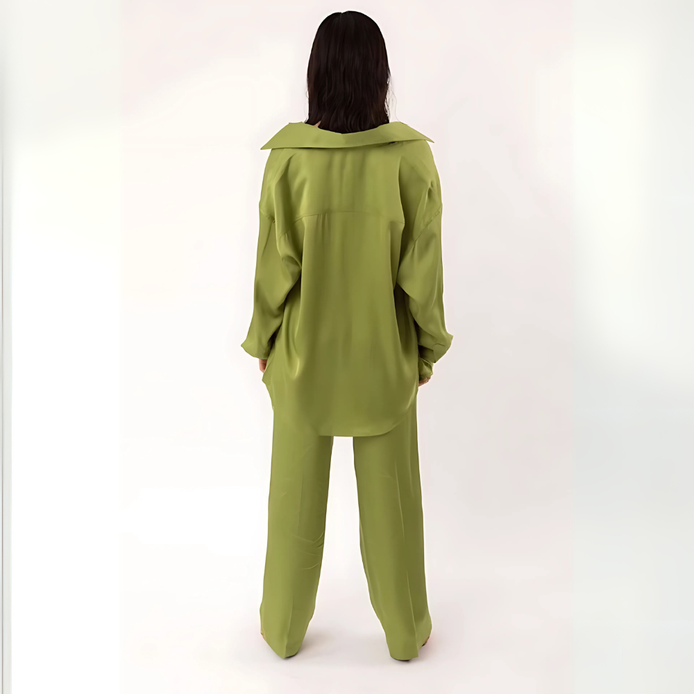 CORALINE Σατέν υφής loungewear σετ 3 τμχ με παντελόνα με δέσιμο στη μέση, μπραλέτ και πουκαμίσα