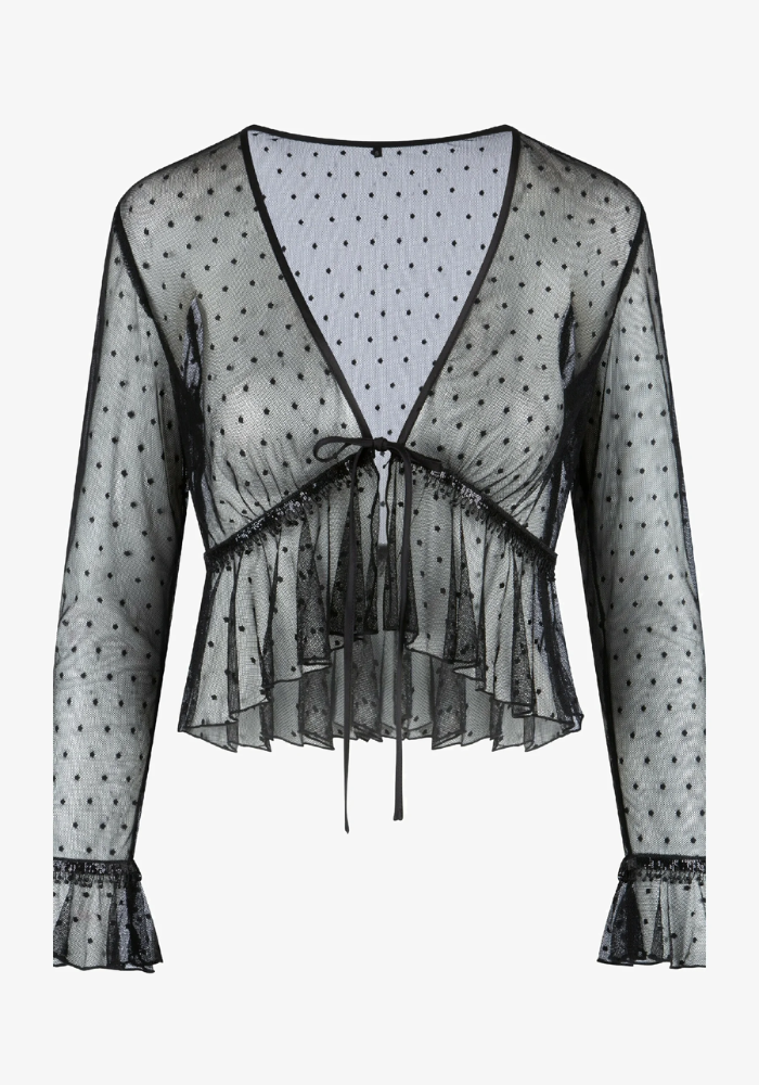 LEILA Μαύρο διαφανές μπολερό με πουά μοτίβο και βολάν