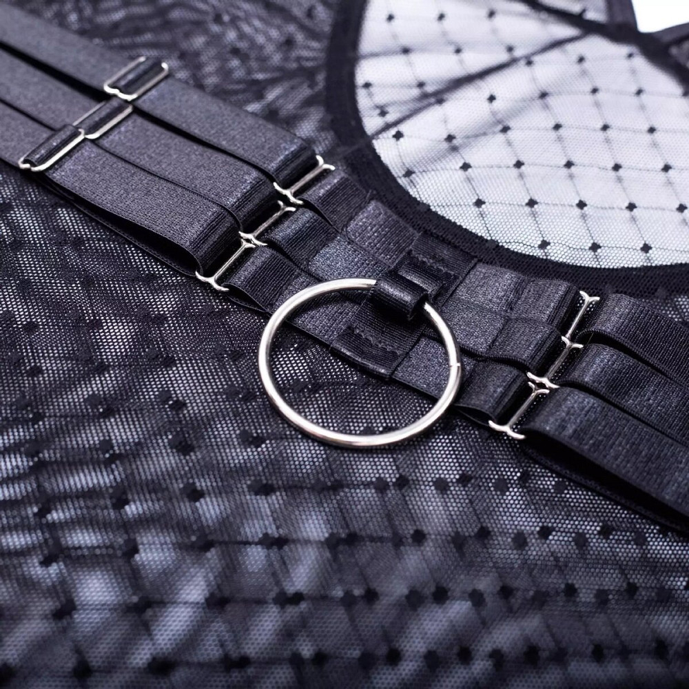 JANELLE See-through polka-dot bodysuit, distinctive ruffle and integrated suspenders with ring & garters