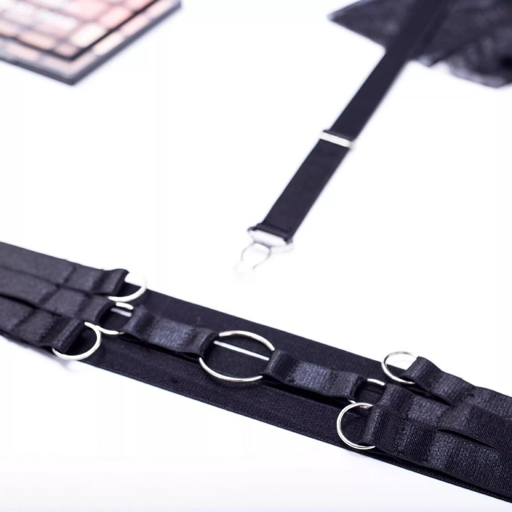 JANELLE See-through polka-dot bodysuit, distinctive ruffle and integrated suspenders with ring & garters