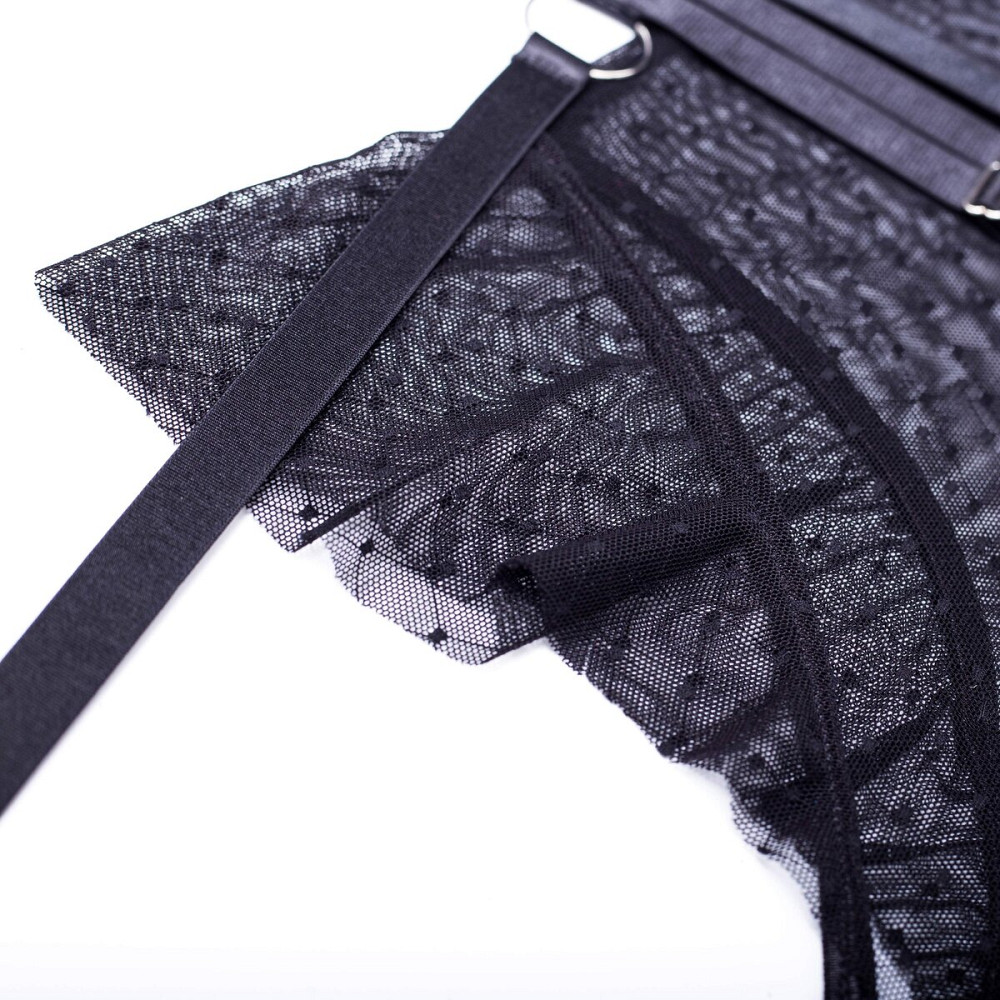 JANELLE See-through polka-dot bodysuit, distinctive ruffle and integrated suspenders with ring & garters