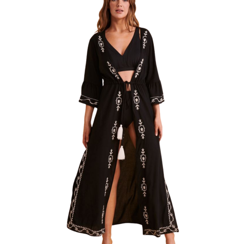 NOMAD BLACK Καφτάνι παραλίας με λευκά κεντήματα και ζώνη