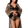 MALVINA Leopard satin touch long-sleeved robe with belt and lace details at the sleeves
