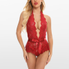 SARA Lace bodysuit with deep bust and ribbon at the waist
